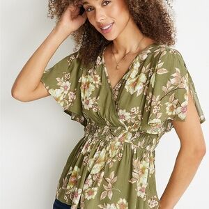 Maurices‎ Green Floral Wrap Top Sz Large Boho Peasant Flowy Cottage Festival